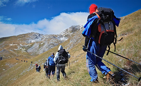 A group of people trekking cross-country.